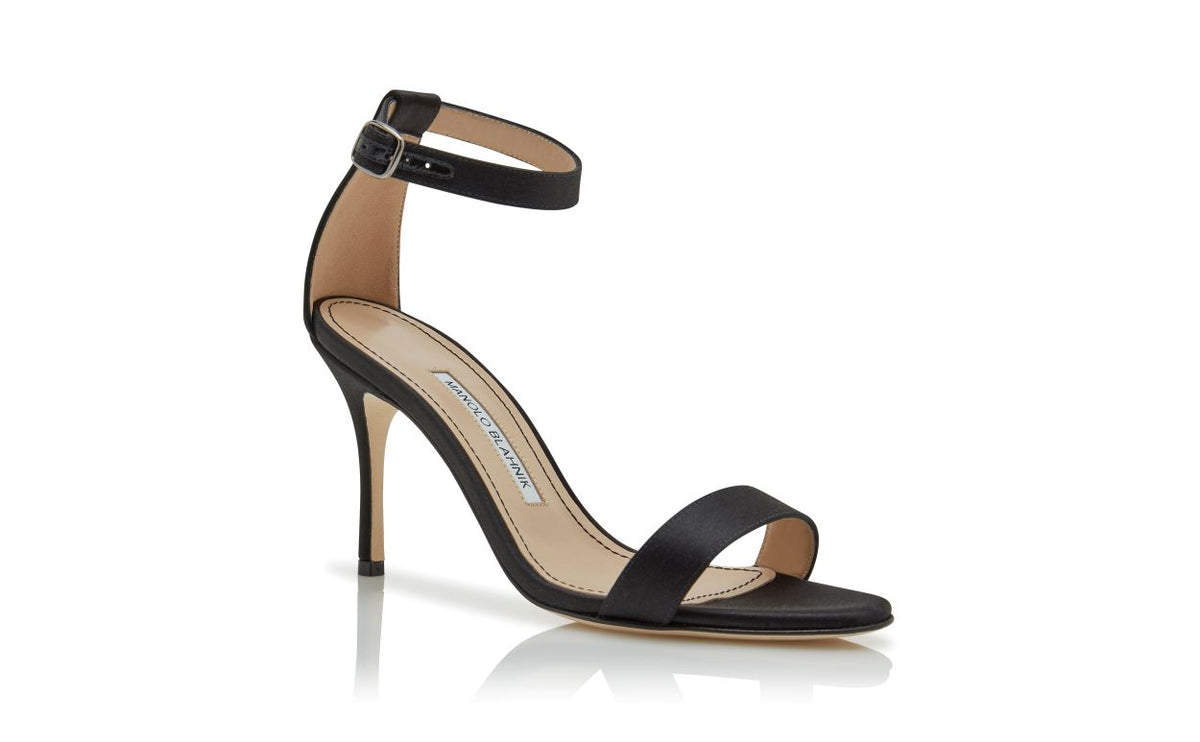 Magnolia Grace Black Ankle Strap Ankle-Strap Shoes – top view showing black ankle strap, open toe, satin, Vowalisse