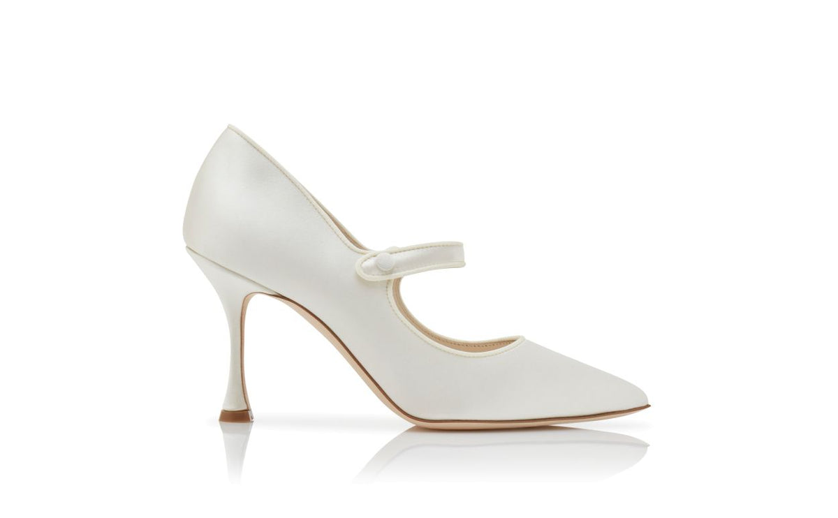 Isadora Dawn White Pointed Toe Mary Jane Shoes – side profile showing white pointed toe, satin, Vowalisse