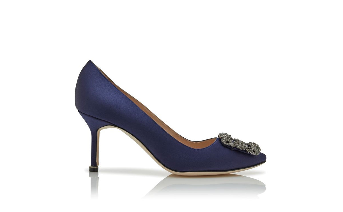 Delphine Belle Blue Jewel Buckle Pumps – side profile showing blue jewel buckle, crystal buckle, almond toe, satin…