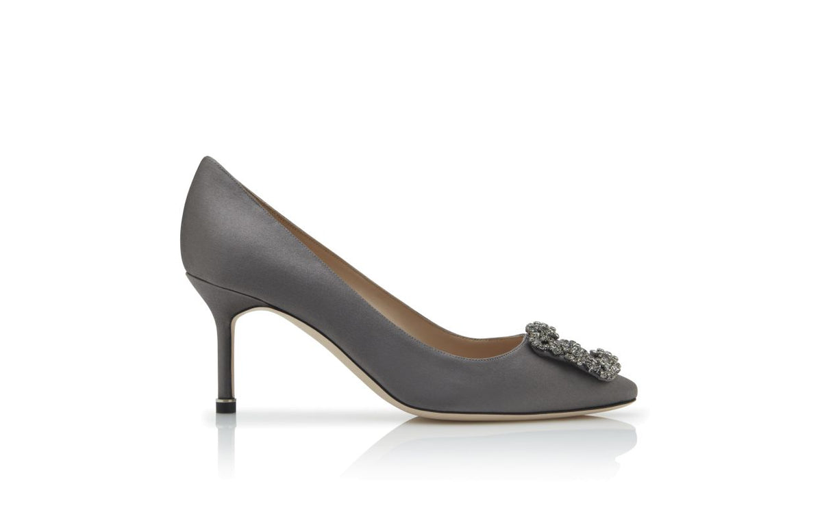 Anastasia Élan Grey Jewel Buckle Pumps – side profile showing grey jewel buckle, crystal buckle, almond toe, satin…