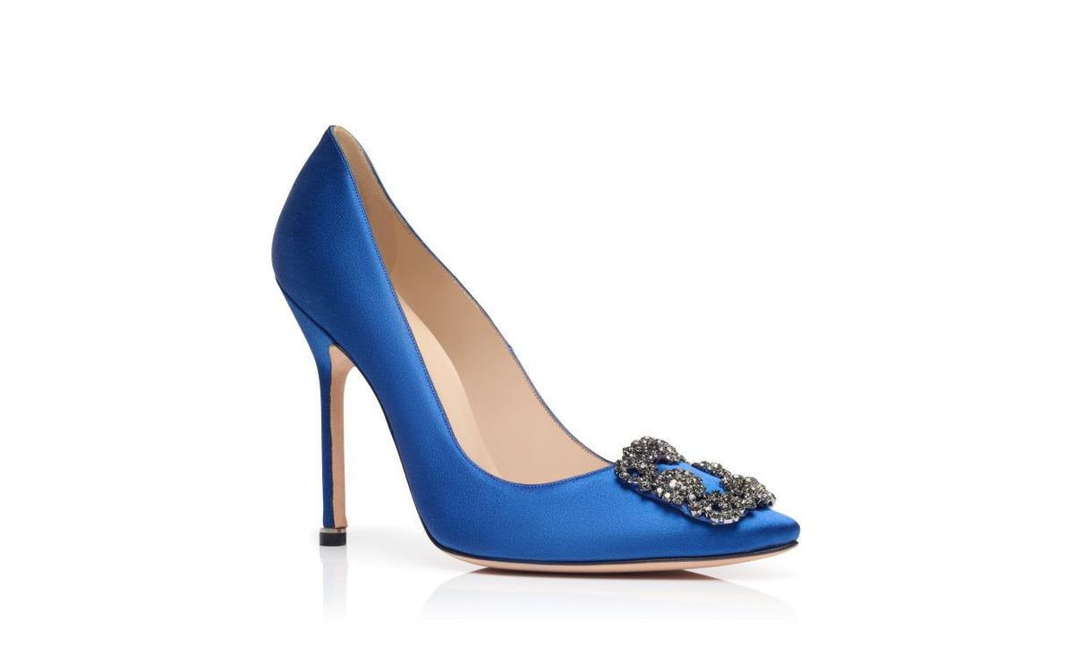 Delphine Pearl Blue Jewel Buckle Pumps – top view showing blue jewel buckle, crystal buckle, almond toe, satin, Vowalisse