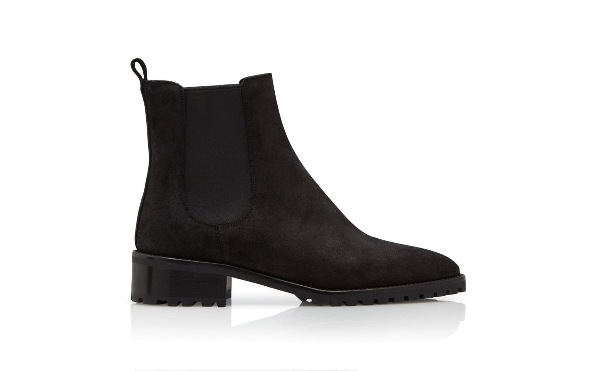 Bianca Dawn Black Suede Ankle Boots – side profile showing black suede, Vowalisse