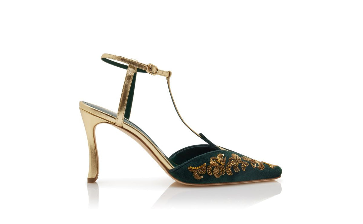Lunette Star Gold T-Bar T-Bar Shoes – side profile showing gold t-bar, ankle strap, almond toe, nappa leather, Vowalisse