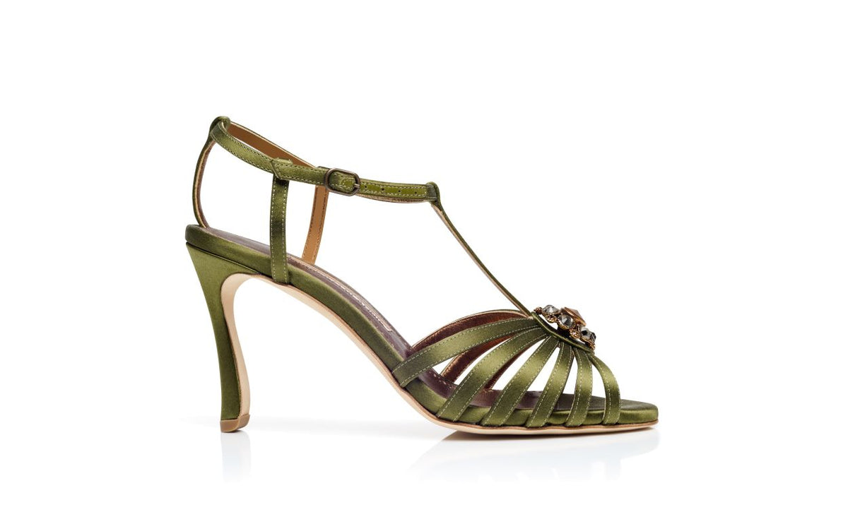 Colette Shine Green T-Bar T-Bar Shoes – side profile showing green t-bar, ankle strap, open toe, satin, Vowalisse