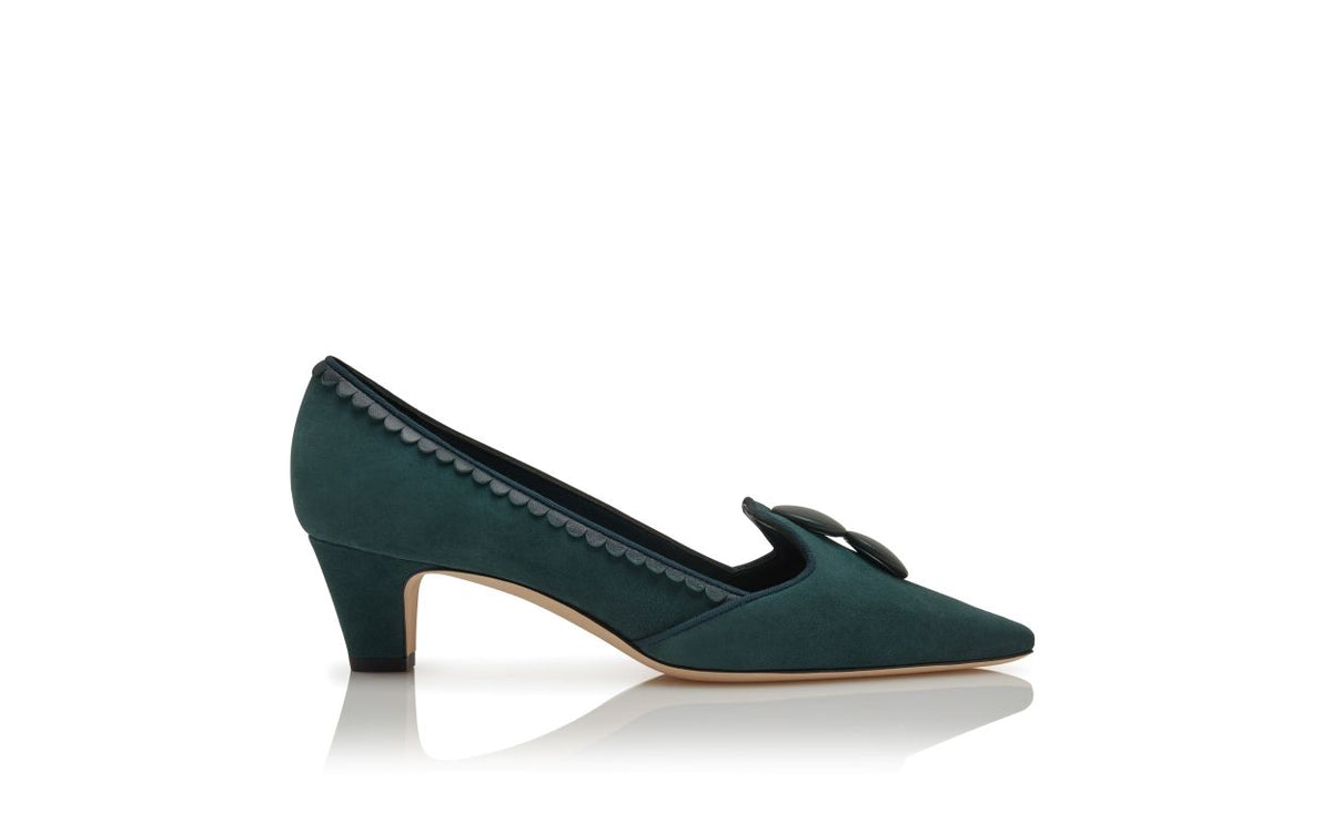 Ophelia Muse Green Button Detail Pumps – side profile showing green button detail, almond toe, suede, nappa leather…