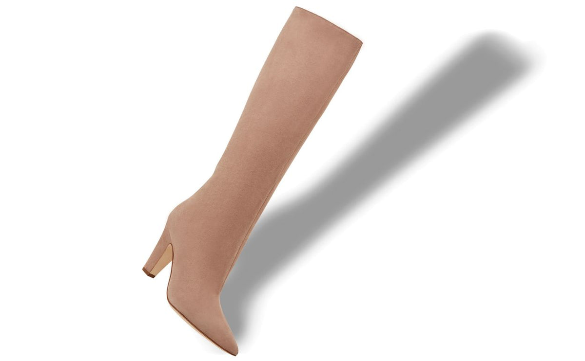 Seraphina Halo Neutral Pointed Toe Knee-High Boots – front three-quarter view showing neutral pointed toe, suede, Vowalisse