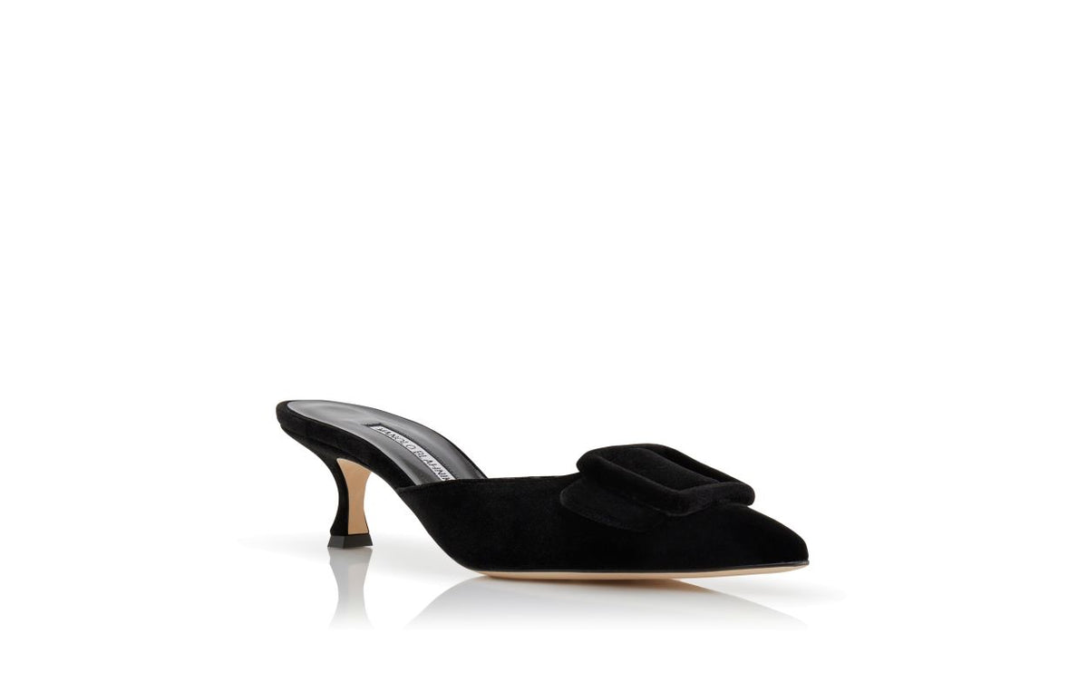 Lucienne Flame Black Almond Toe Mules – top view showing black almond toe, velvet, Vowalisse