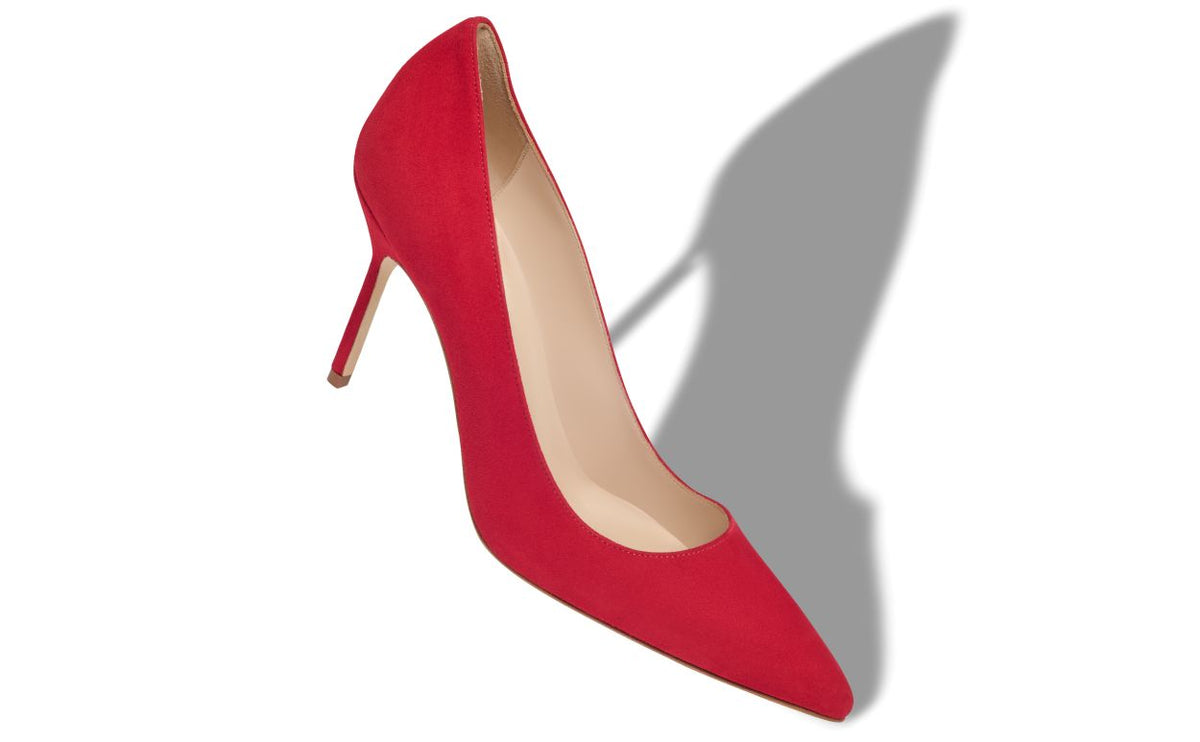Bianca Rose Red Pointed Toe Pumps – front three-quarter view showing red pointed toe, suede, Vowalisse