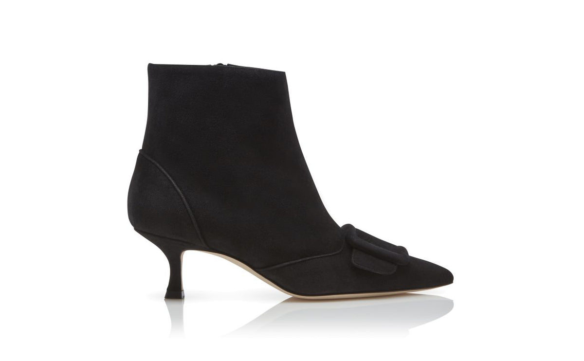 Arabella Dream Black Pointed Toe Ankle Boots – side profile showing black pointed toe, suede, Vowalisse