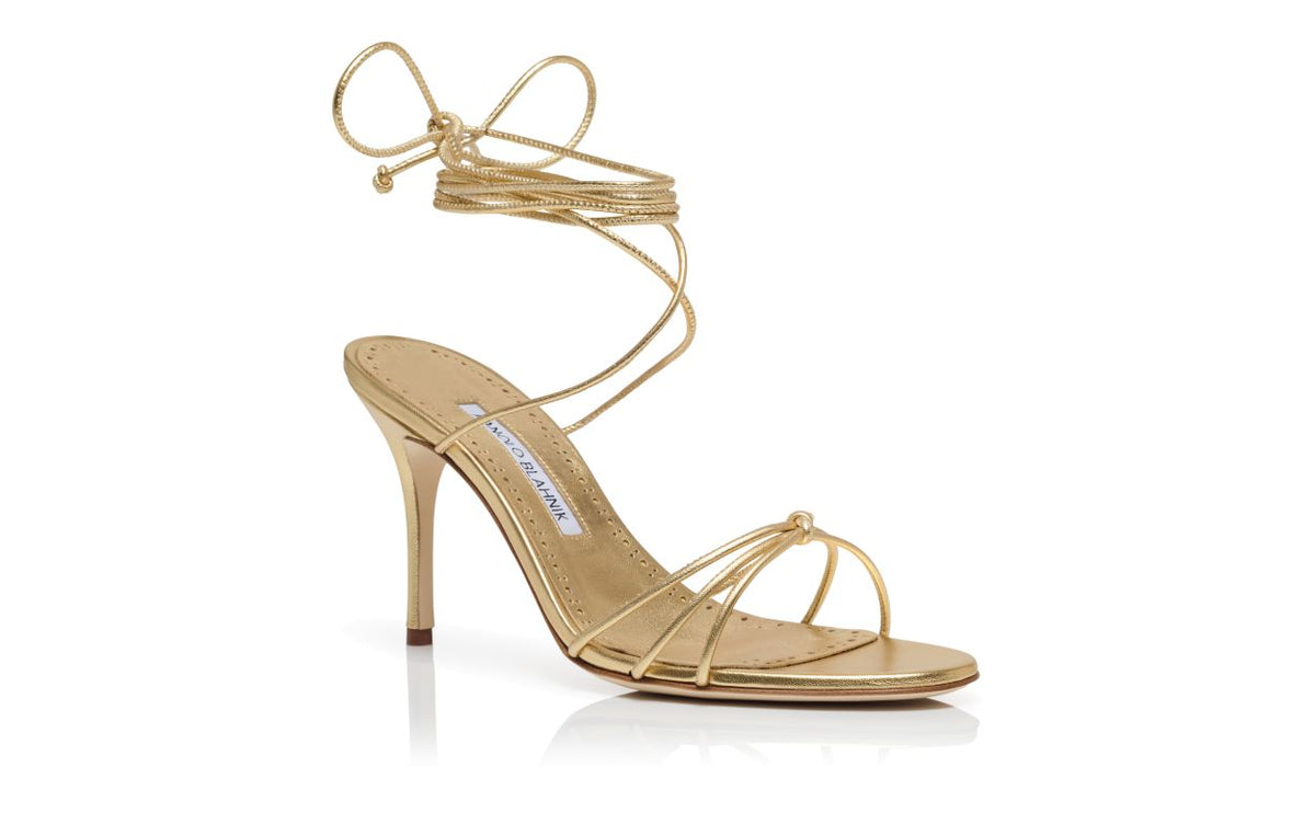 Cressida Jewel Gold Ankle Strap Ankle-Strap Shoes – top view showing gold ankle strap, open toe, nappa leather, lace…