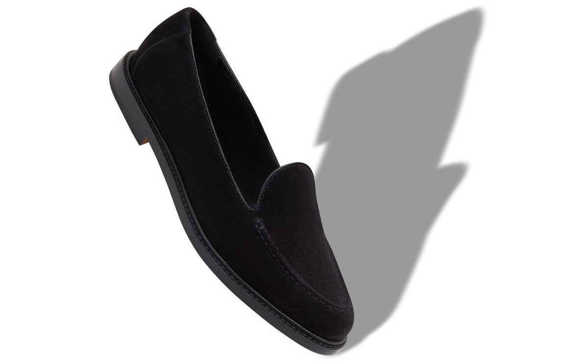 Violetta Halo Black Suede Loafers – front three-quarter view showing black suede, Vowalisse