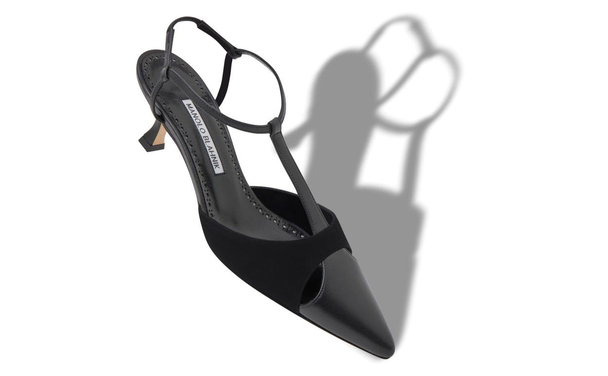 Amelie Flame Black T-Bar T-Bar Shoes – front three-quarter view showing black t-bar, pointed toe, suede, nappa leather…