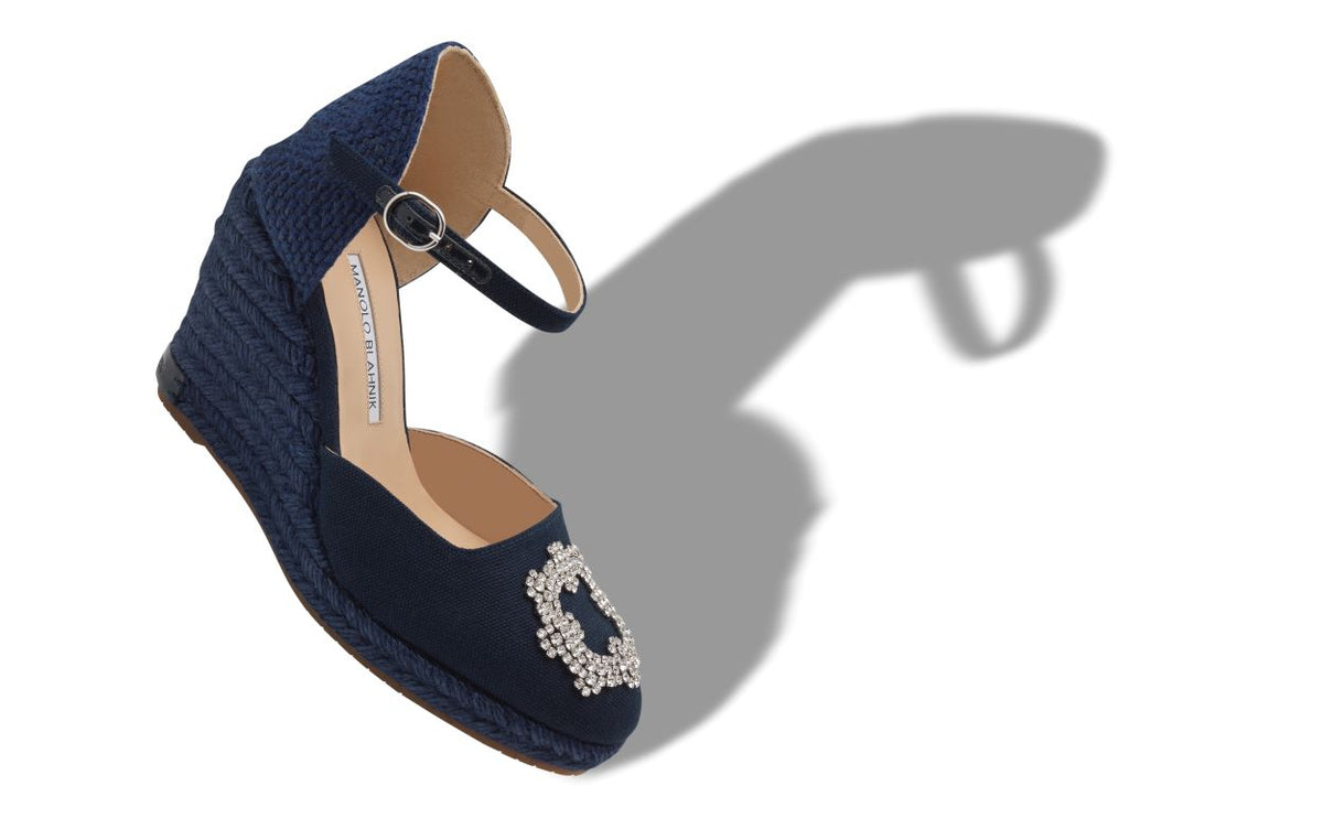 Emmeline Jewel Blue Crystal Buckle Espadrilles – front three-quarter view showing blue crystal buckle, crystal embellished…