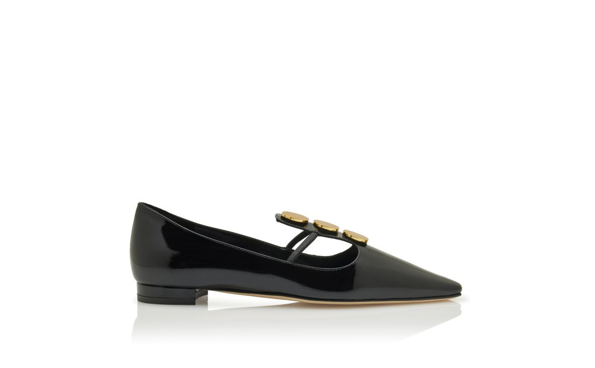 Celeste Shine Black Button Detail T-Bar Shoes – side profile showing black button detail, almond toe, patent leather…