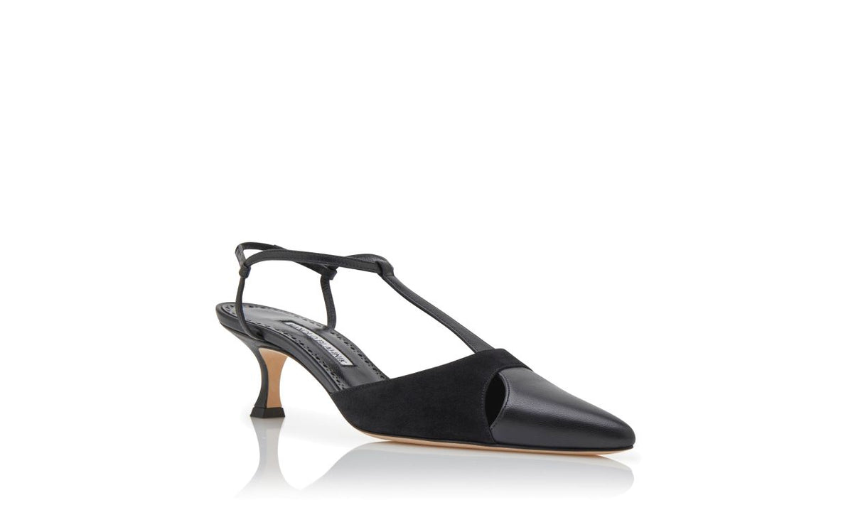 Amelie Flame Black T-Bar T-Bar Shoes – top view showing black t-bar, pointed toe, suede, nappa leather, Vowalisse