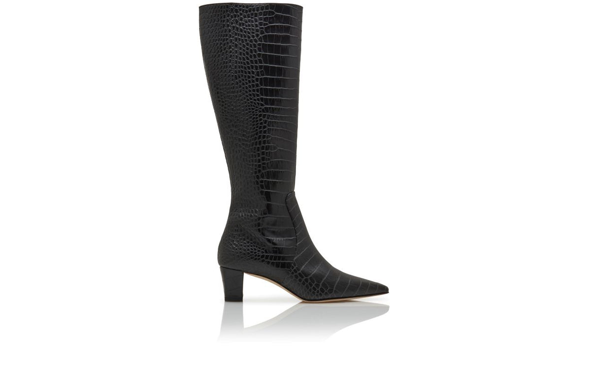 Amelie Jewel Black Pointed Toe Knee-High Boots – side profile showing black pointed toe, Vowalisse