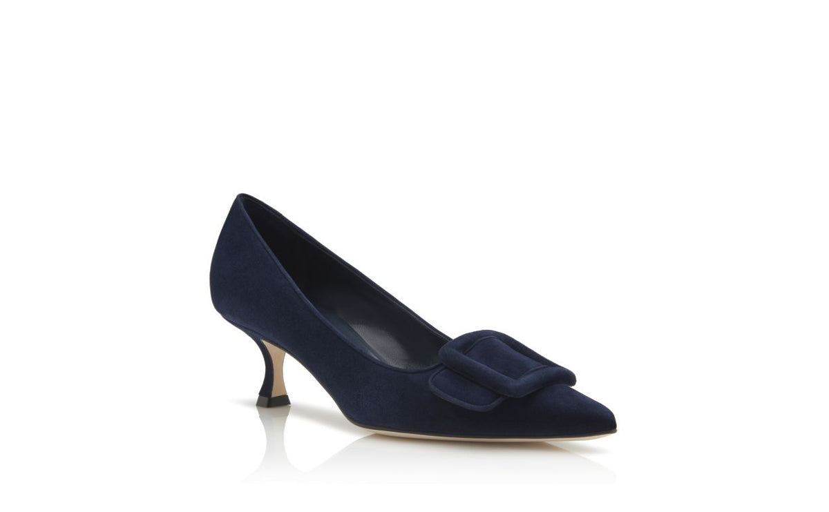 Valentina Bloom Blue Pointed Toe Pumps – top view showing blue pointed toe, suede, Vowalisse