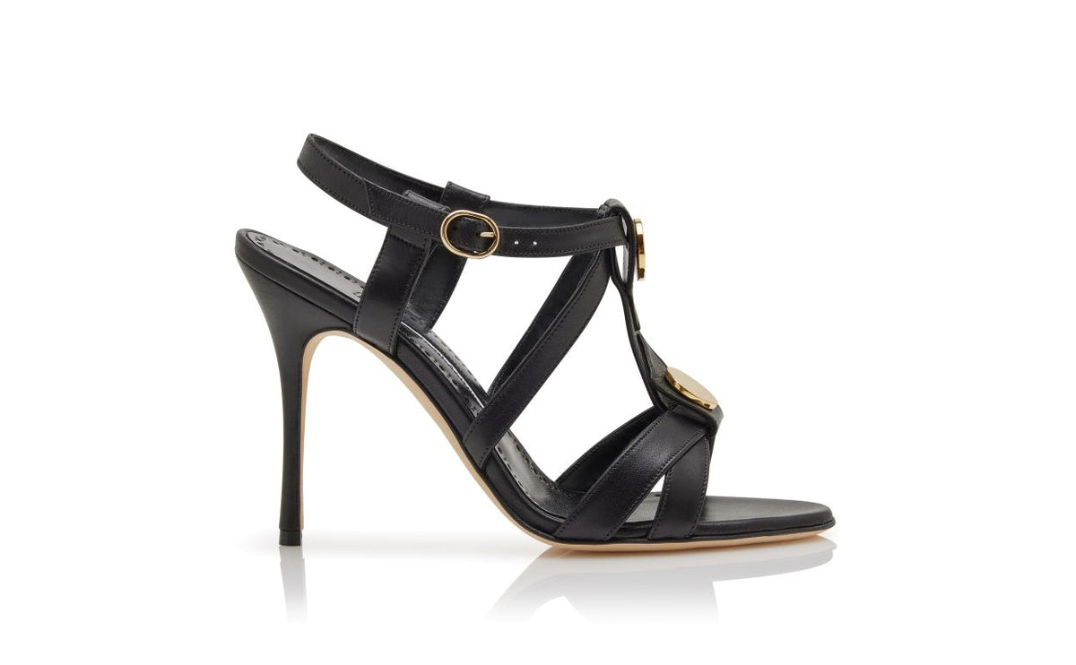 Aurelia Shine Black Button Detail T-Bar Shoes – side profile showing black button detail, t-bar, ankle strap, open toe…