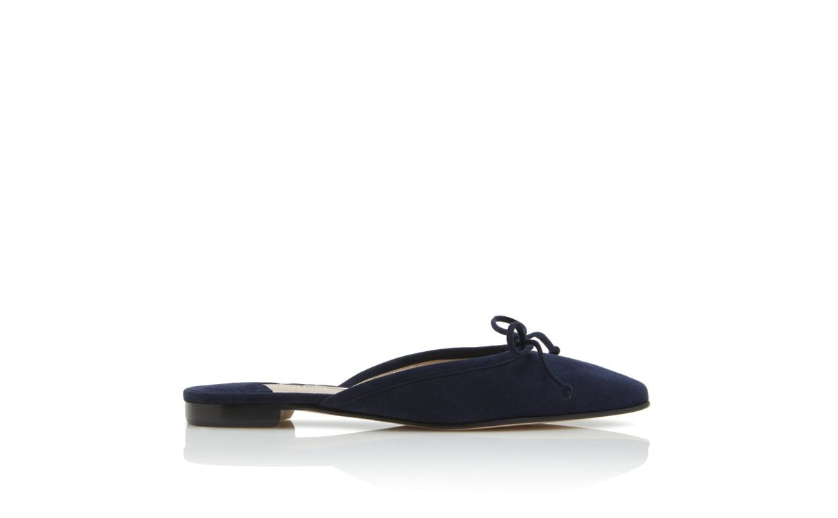 Violetta Dawn Blue Almond Toe Mules – side profile showing blue almond toe, suede, lace, Vowalisse