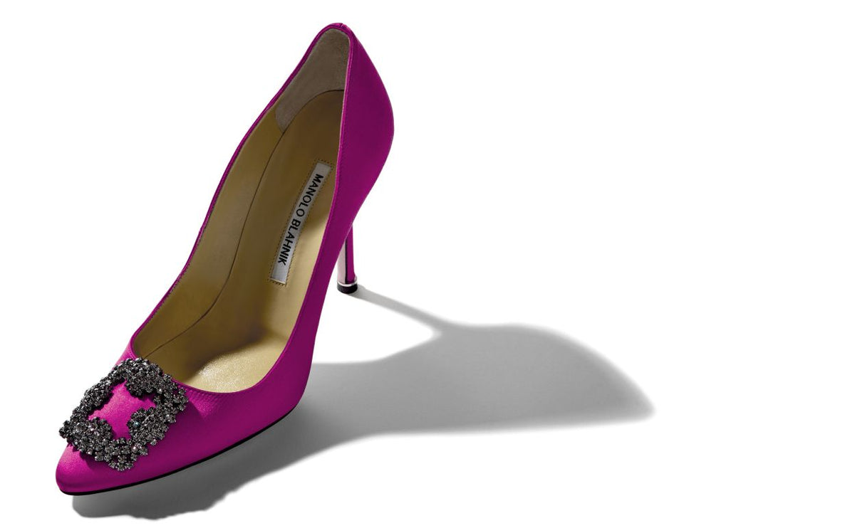 Clarisse Belle Pink Jewel Buckle Pumps – front three-quarter view showing pink jewel buckle, crystal buckle, almond toe…