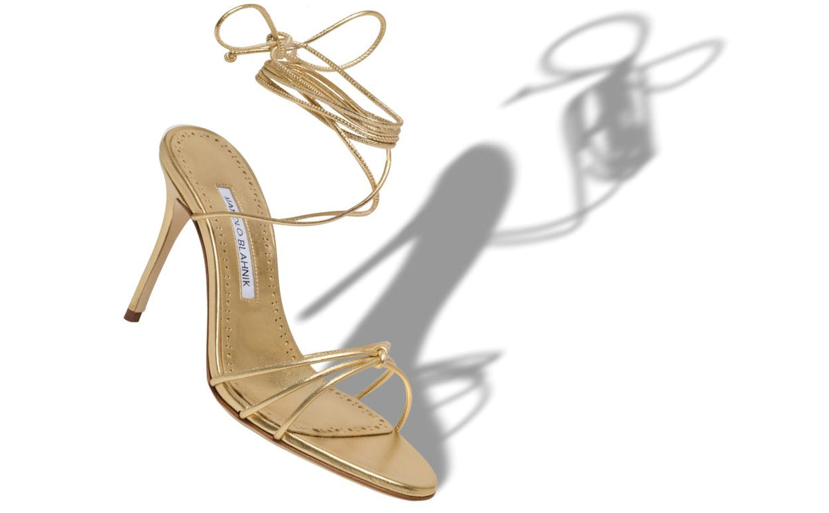 Cressida Jewel Gold Ankle Strap Ankle-Strap Shoes – front three-quarter view showing gold ankle strap, open toe, nappa…