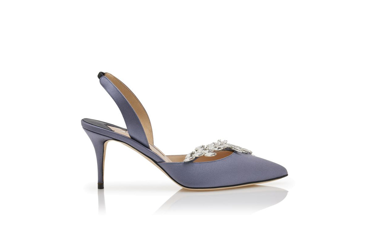 Camellia Muse Blue Jewel Buckle Slingbacks – side profile showing blue jewel buckle, slingback, pointed toe, satin…