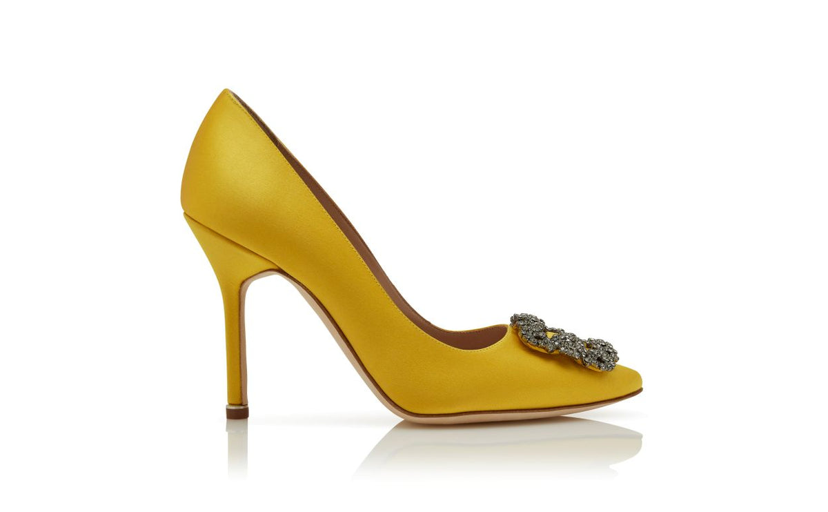 Vivienne Belle Yellow Jewel Buckle Pumps – side profile showing yellow jewel buckle, crystal buckle, almond toe, satin…
