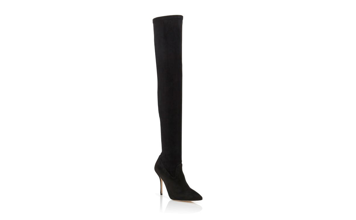 Estelle Élan Black Suede Knee-High Boots – top view showing black suede, Vowalisse
