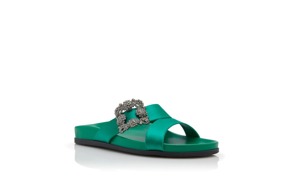 Adriana Jewel Green Jewel Buckle Mules – top view showing green jewel buckle, crossover, open toe, satin, Vowalisse
