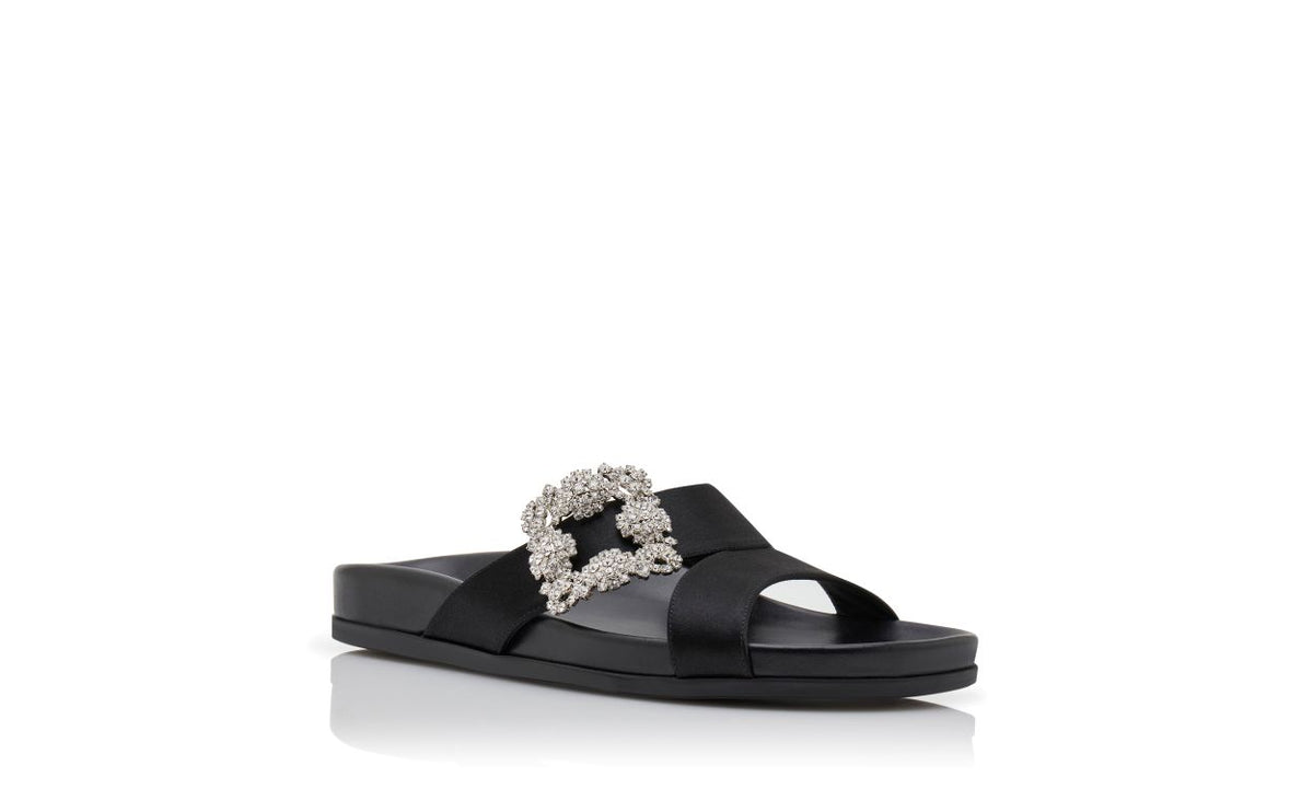 Adriana Grace Black Jewel Buckle Mules – top view showing black jewel buckle, crossover, open toe, satin, Vowalisse