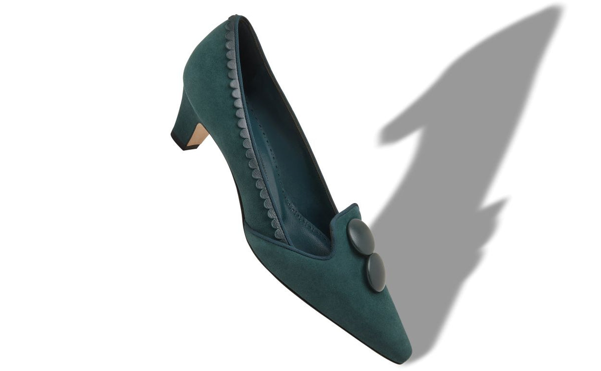 Ophelia Muse Green Button Detail Pumps – front three-quarter view showing green button detail, almond toe, suede, nappa…
