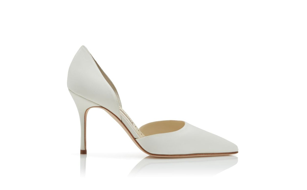 Clarisse Élan White Pointed Toe D’Orsay Pumps – side profile showing white pointed toe, satin, Vowalisse