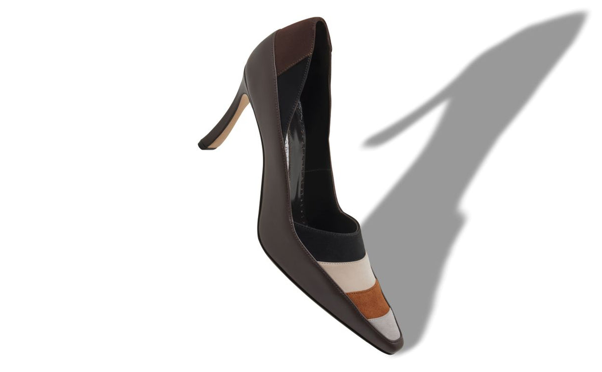 Ophelia Shine Brown Almond Toe Pumps – front three-quarter view showing brown almond toe, suede, nappa leather, Vowalisse