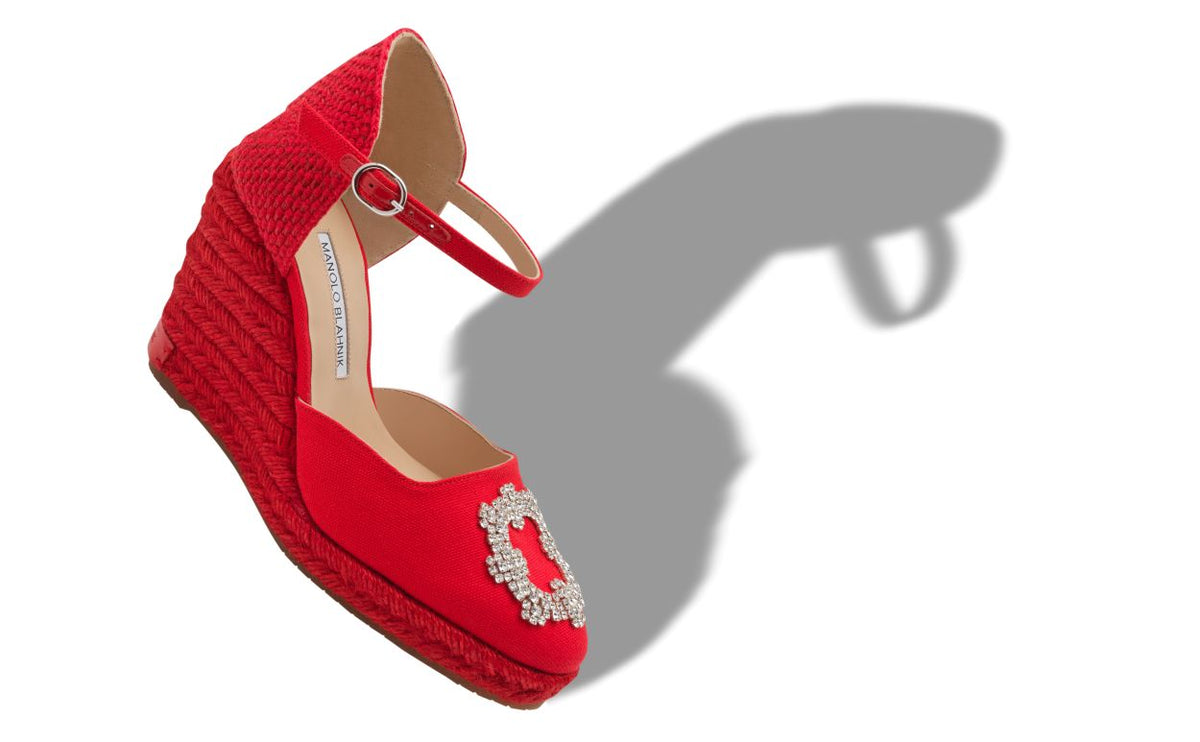 Valentina Shine Red Crystal Buckle Espadrilles – front three-quarter view showing red crystal buckle, crystal embellished…