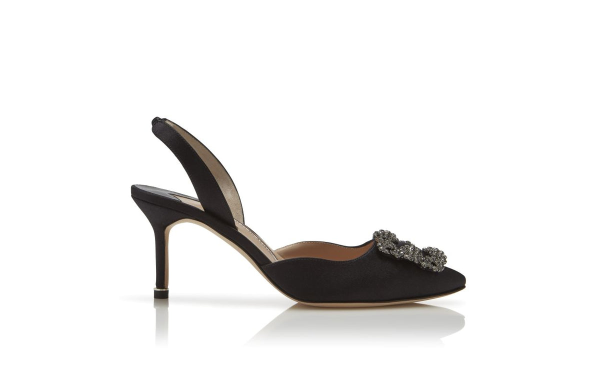 Marielle Bloom Black Jewel Buckle Slingbacks – side profile showing black jewel buckle, crystal buckle, ankle strap…