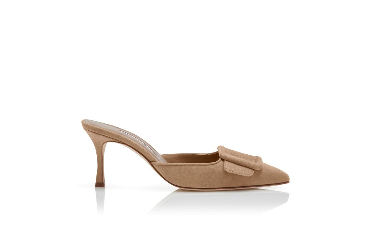 Arabella Halo Neutral Suede Mules – side profile showing neutral suede, Vowalisse