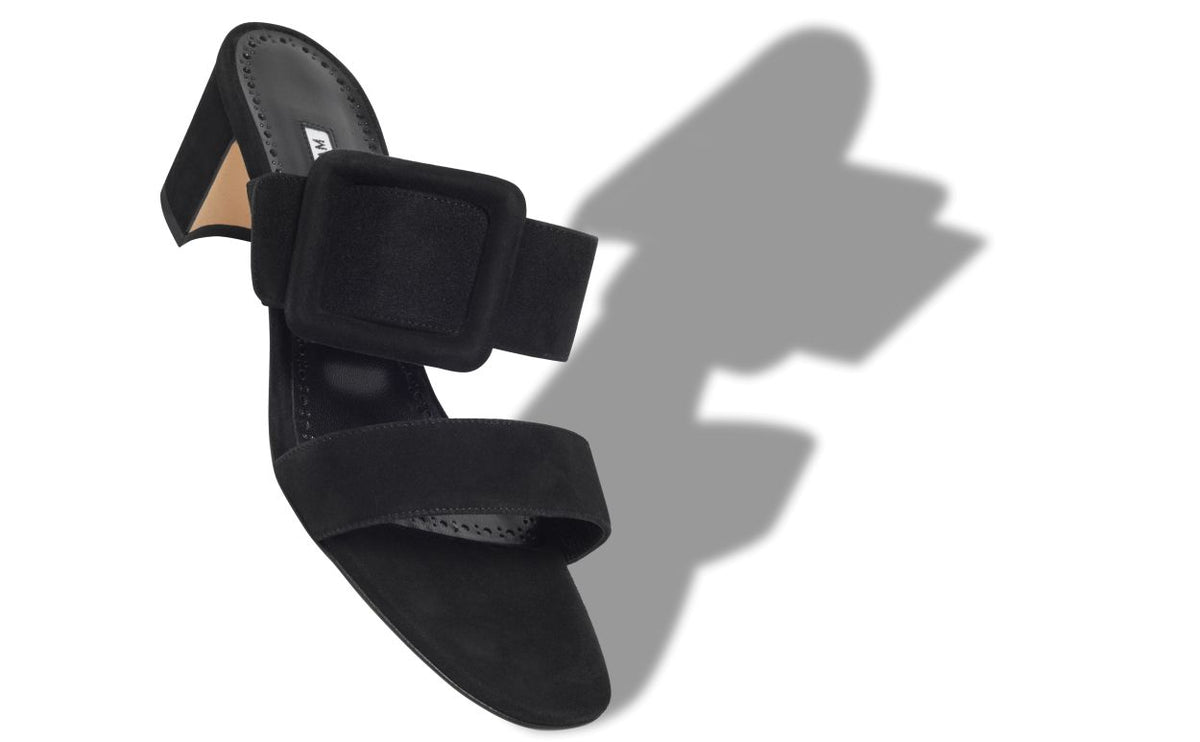 Rosalie Pearl Black Open Toe Mules – front three-quarter view showing black open toe, suede, Vowalisse