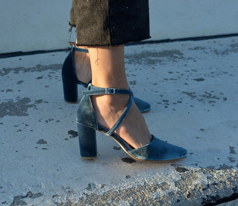 Teal Blue Velvet Block Heel Bridal Heels VOWALISSE bridal shoes – view 2