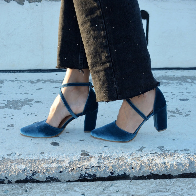 Teal Blue Velvet Block Heel Bridal Heels VOWALISSE bridal shoes – view 1