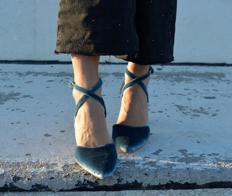 Teal Blue Velvet Block Heel Bridal Heels VOWALISSE bridal shoes – view 6