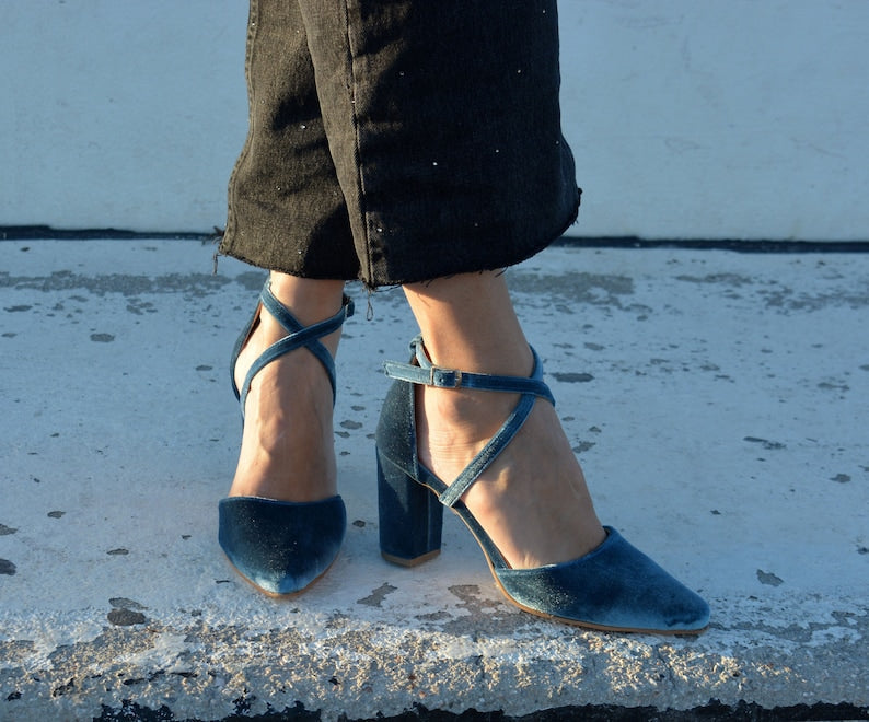 Teal Blue Velvet Block Heel Bridal Heels VOWALISSE bridal shoes – view 3