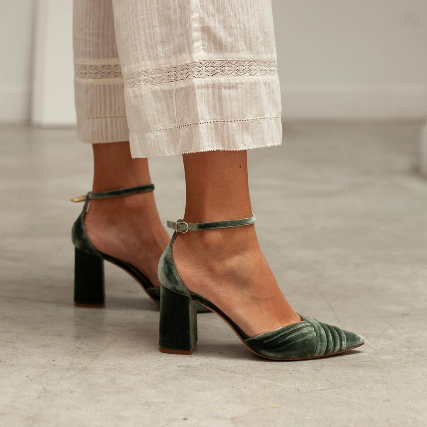 Green Velvet Block Heel Bridal Heels VOWALISSE bridal shoes – view 5