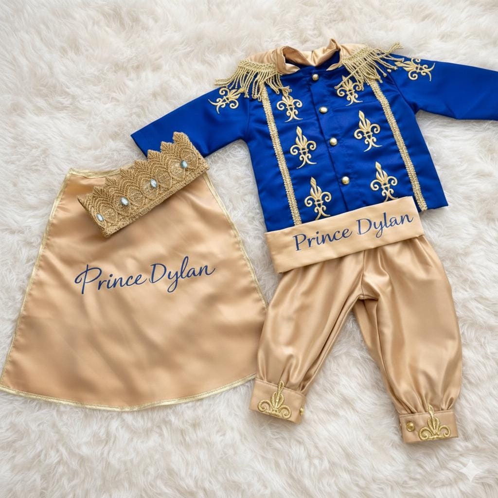 Name Royal Blue & Gold Personalized Baby Prince Costume, baby boy first birthday outfit, additional product image 2 by
