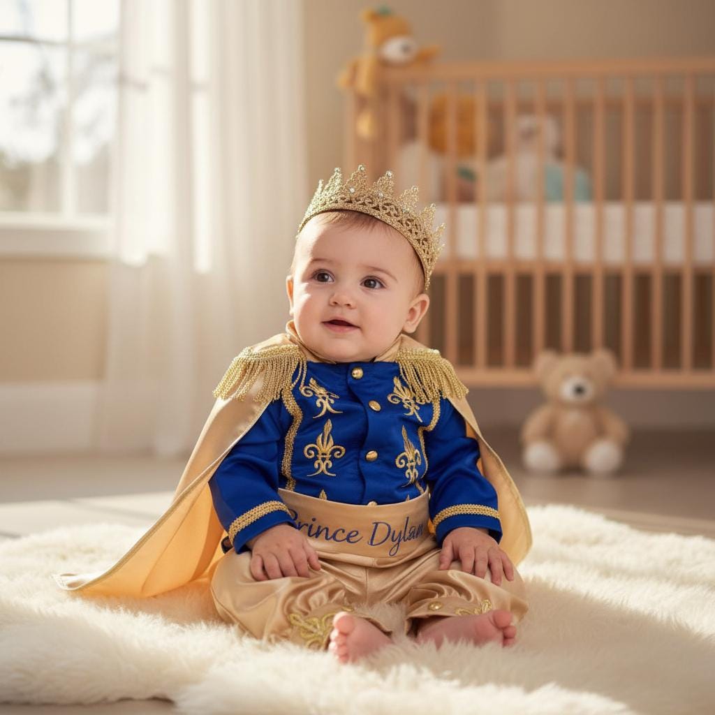 Name Royal Blue & Gold Personalized Baby Prince Costume, baby boy first birthday outfit, additional product image 4 by