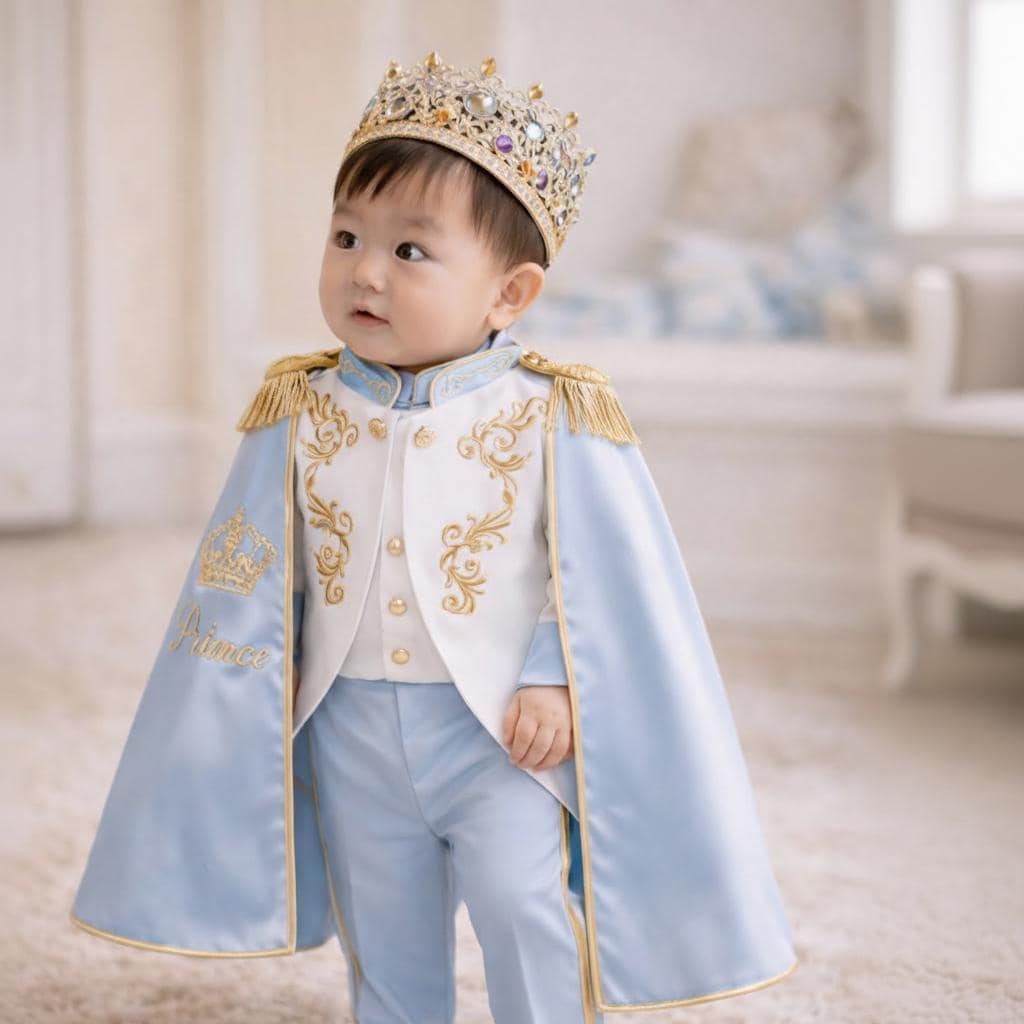 Royal Blue & Gold Personalized Baby Prince Costume 3, baby boy first birthday outfit, main product image by Vowalisse