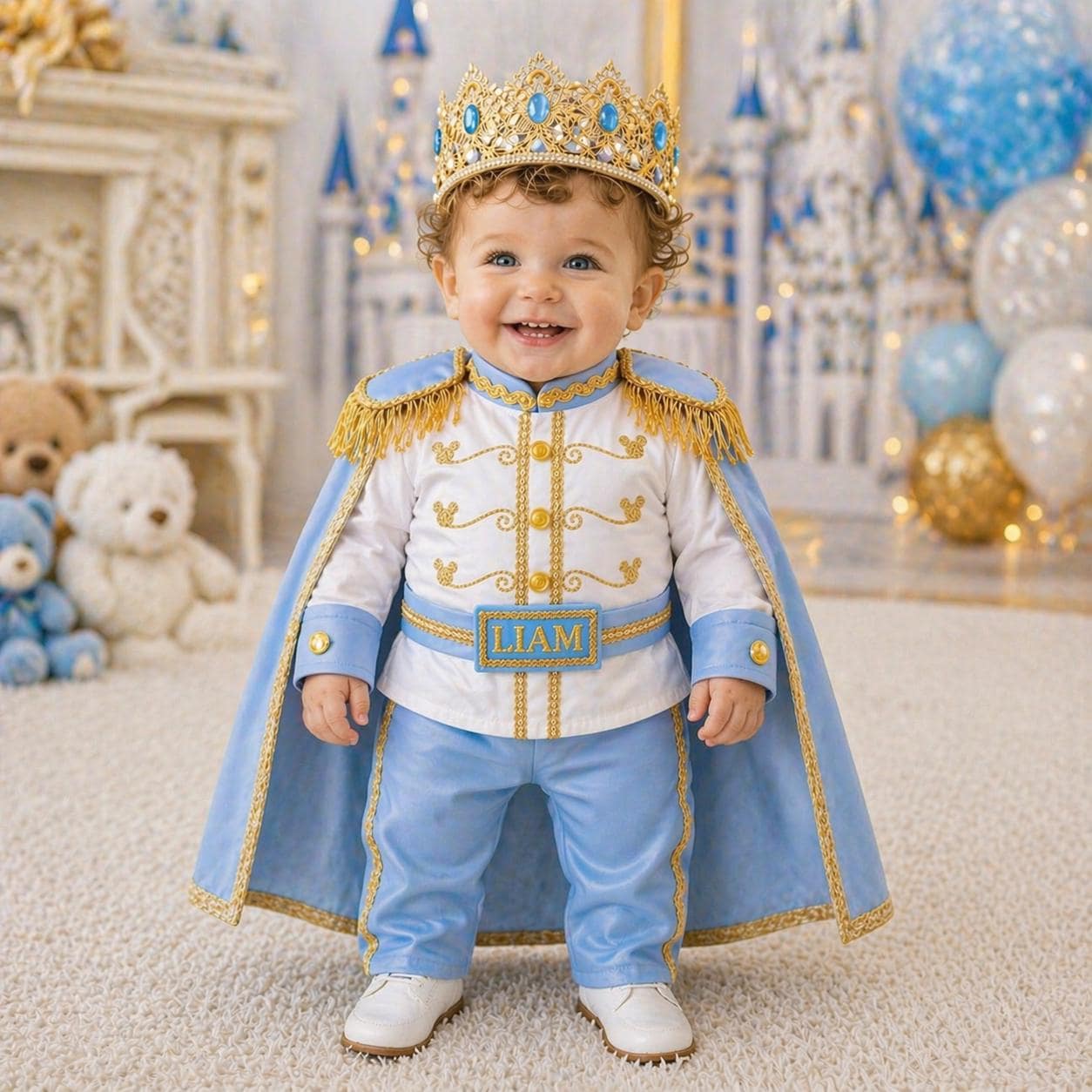 Sky Blue & Gold Personalized Baby Prince Costume, baby boy first birthday outfit, main product image by Vowalisse