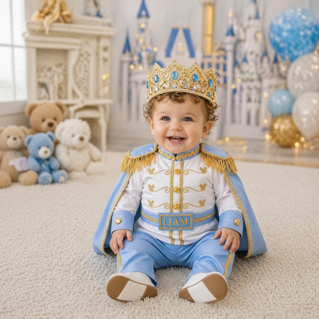 Sky Blue & Gold Personalized Baby Prince Costume, baby boy first birthday outfit, additional product image 4 by Vowalisse